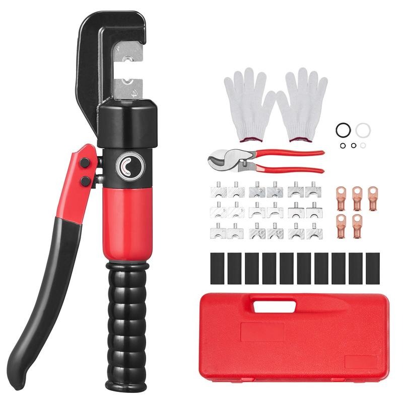 Tool Set - 油圧圧着工具、9種類のダイス付き、AWG12-2/0銅およびアルミ端子バッテリーラグクリンパー、切断プライヤー、手袋、10個の銅リングコネクター、8個の熱収縮スリーブ付き
