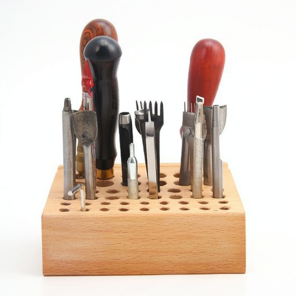 Hand Tools And Workshop Equipment - 革細工用ツールオーガナイザー。ブナ材のスタンドで、DIYのハンドステッチプロジェクトやワークショップでの収納に最適。