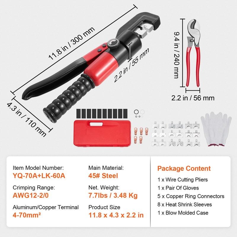 油圧圧着工具、9種類のダイス付き、AWG12-2/0銅および - Tool Set のレビューと価格